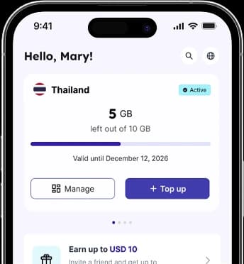 Jetpac Global app screen showing active eSIM, remaining data, and available data packs