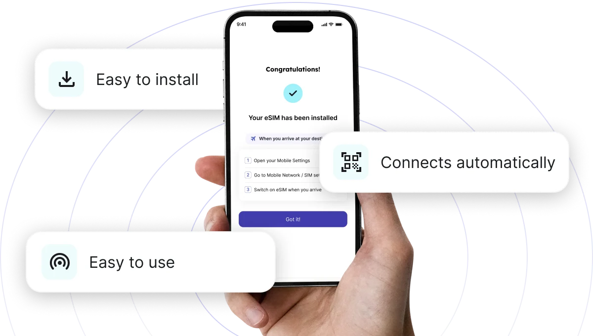 Illustration of eSIM installation on a phone with key travel benefits
